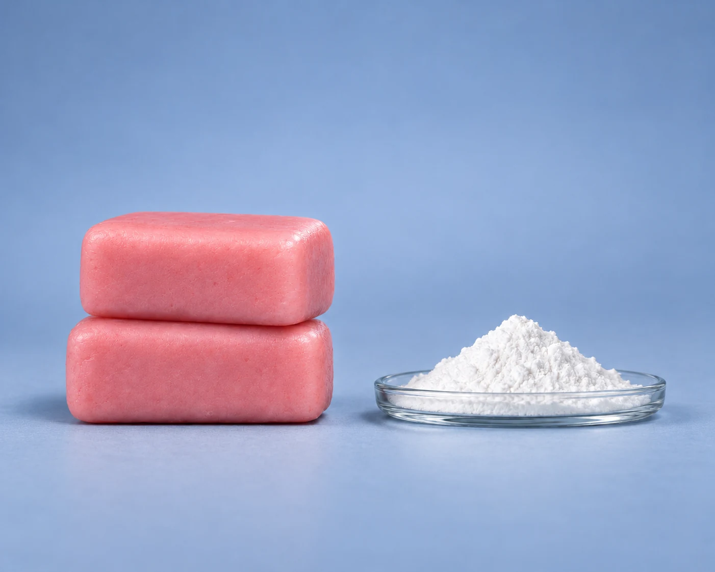 Two stacked pink soft chews beside a glass dish of creatine powder