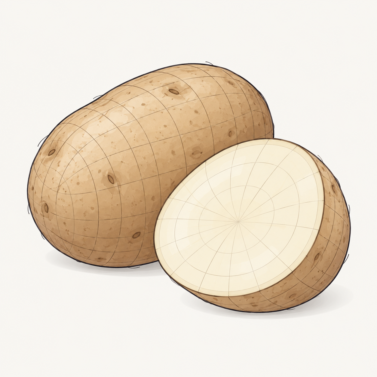 Technical ingredient illustration of a whole and halved potato
