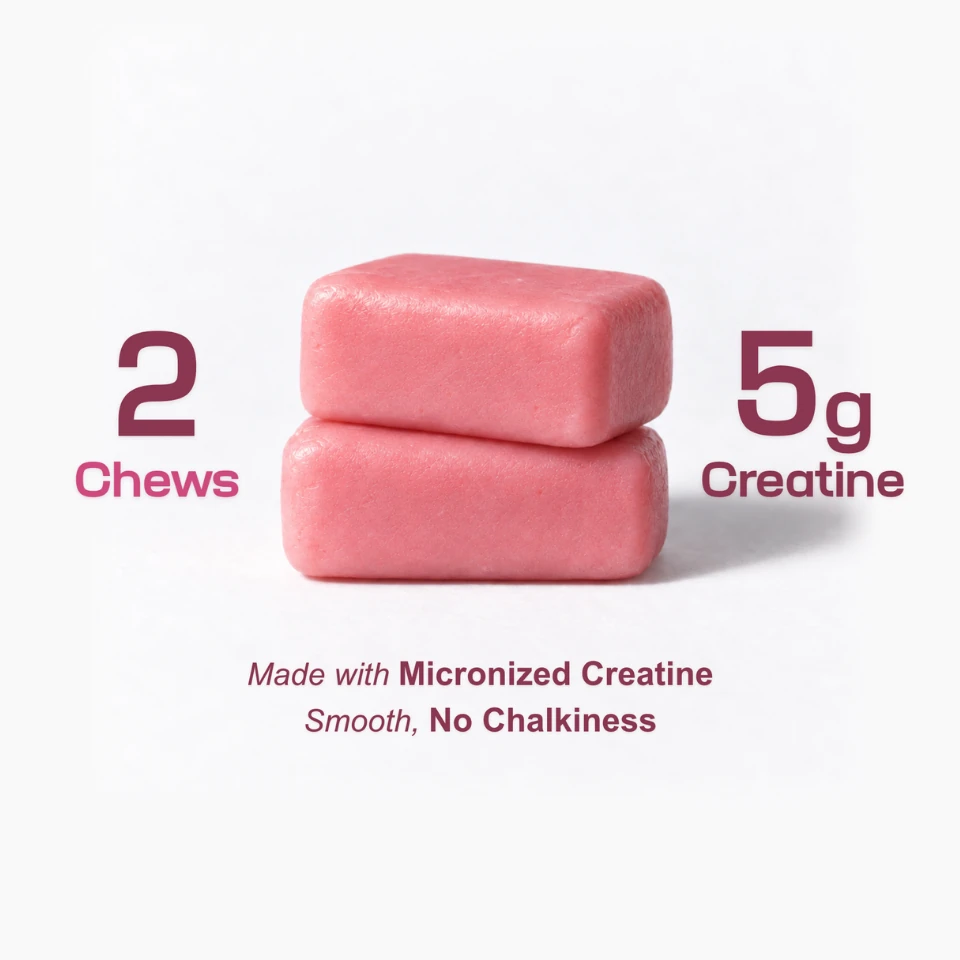 Two stacked pink soft chews: 2 chews, 5 g creatine, made with micronized creatine