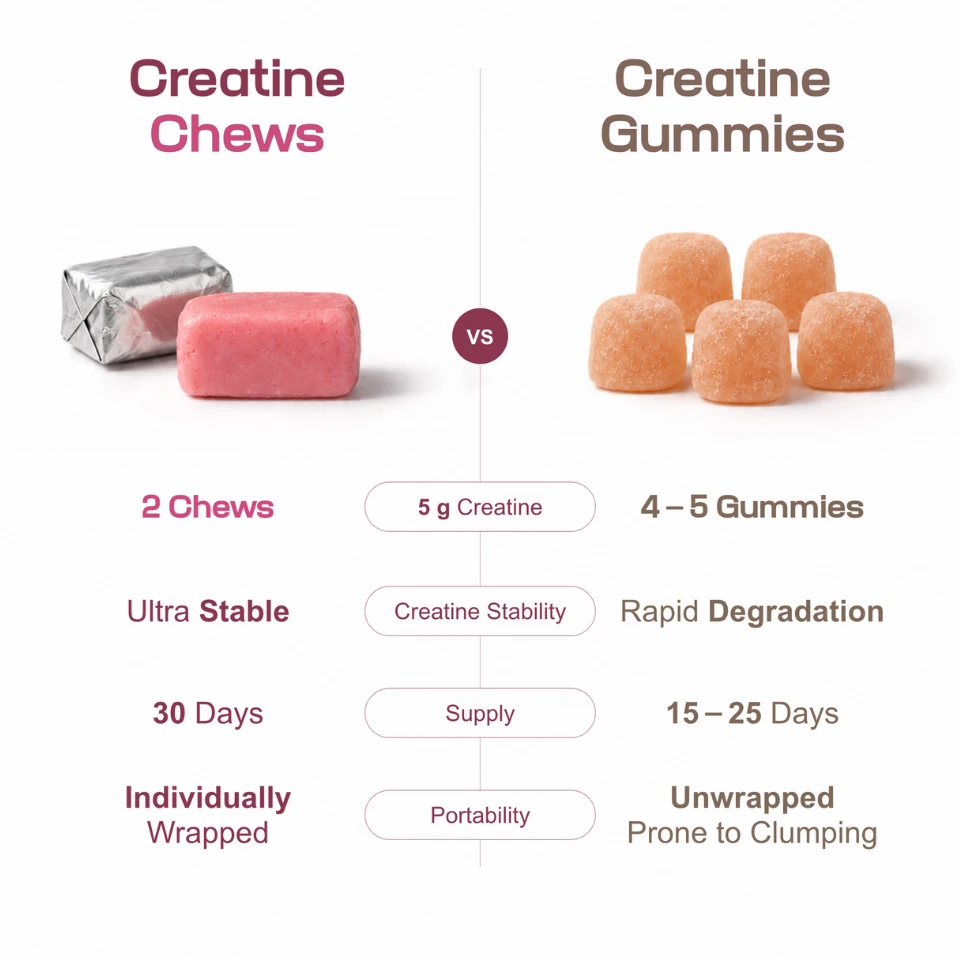 Creatine soft chews compared with creatine gummies on dose, stability, supply and portability
