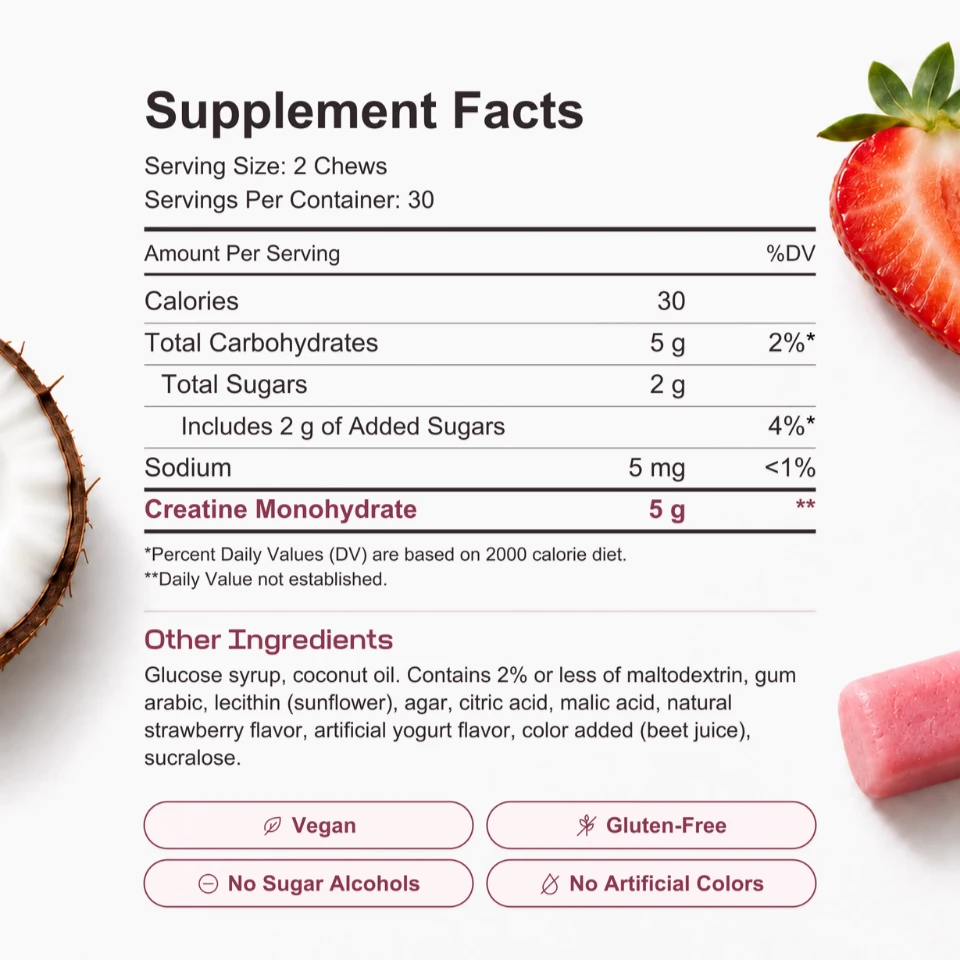 Supplement Facts and other ingredients; vegan, gluten-free, no sugar alcohols, no artificial colors
