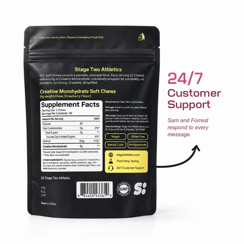 24/7 customer support from Sam and Forrest, shown with the back of the pouch