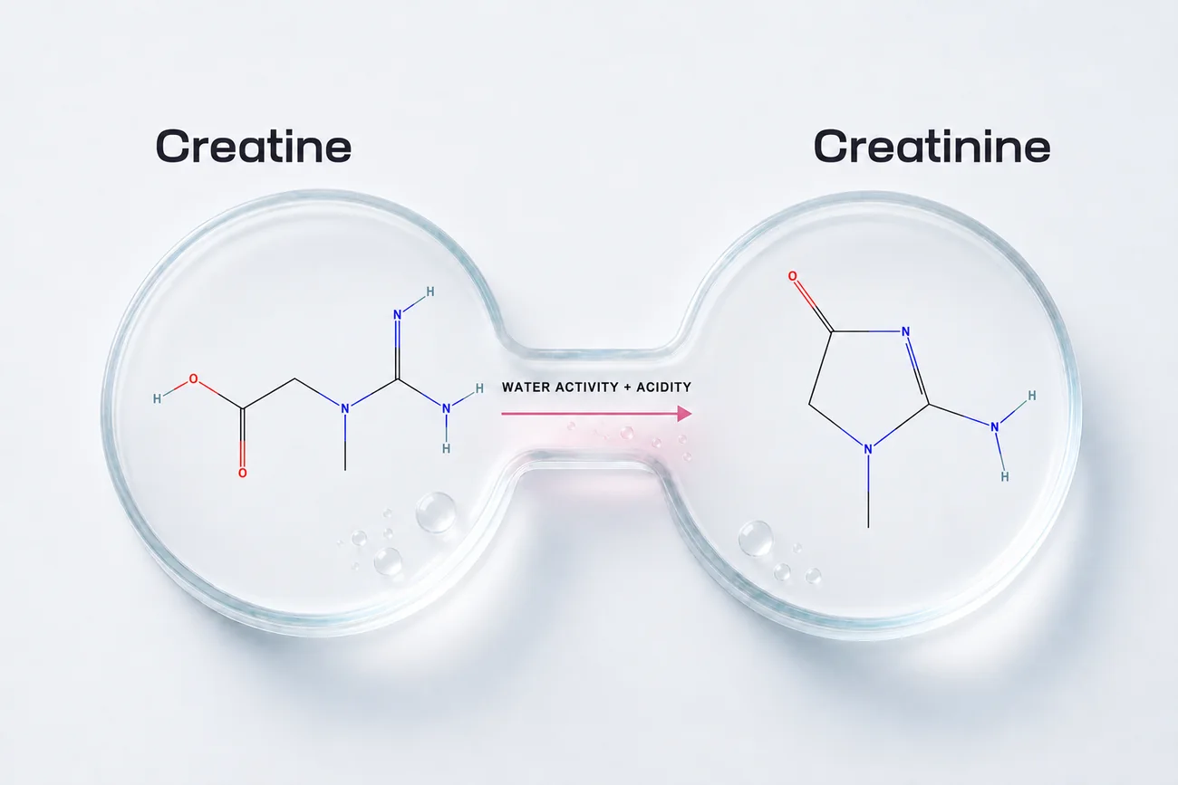 Chemical structures showing the conversion of creatine to creatinine, with water activity and acidity identified as factors